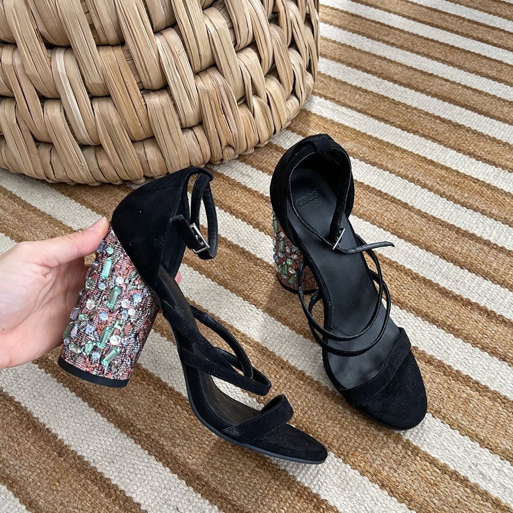 Anthropologie metallic beaded black heels